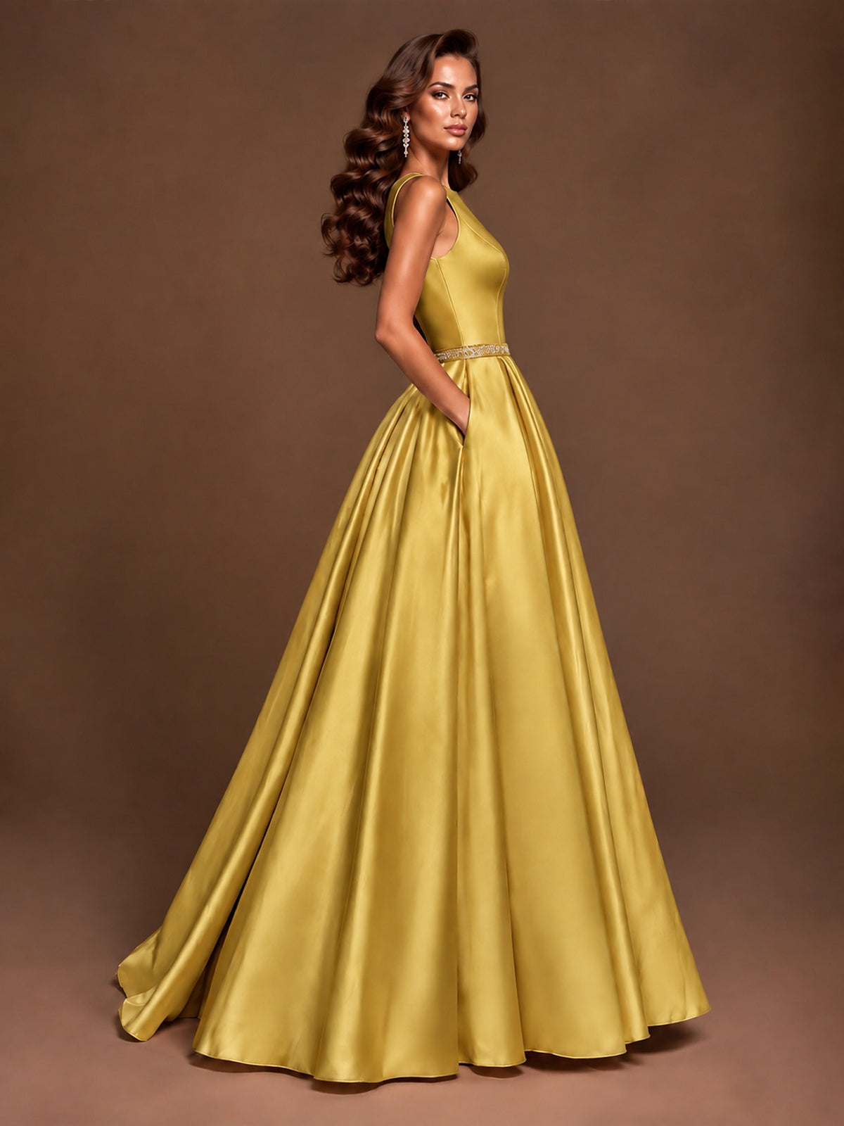 Satin A-Line Prom Dress Sleeveless Beaded Waist Formal Gown with Pockets