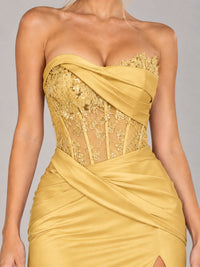 Strapless Satin Prom Dress with Sheer Lace Corset & High Slit