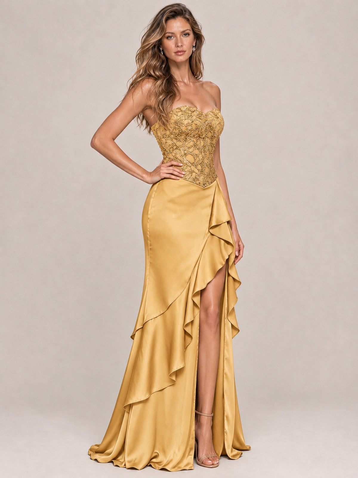 Strapless Lace Appliques Corset Satin Prom Dress Ruffle Slit Evening Gown