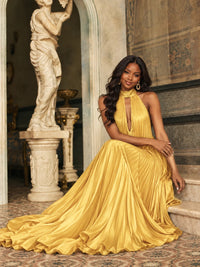 Rust Orange Pleated Halter Neck Maxi Dress