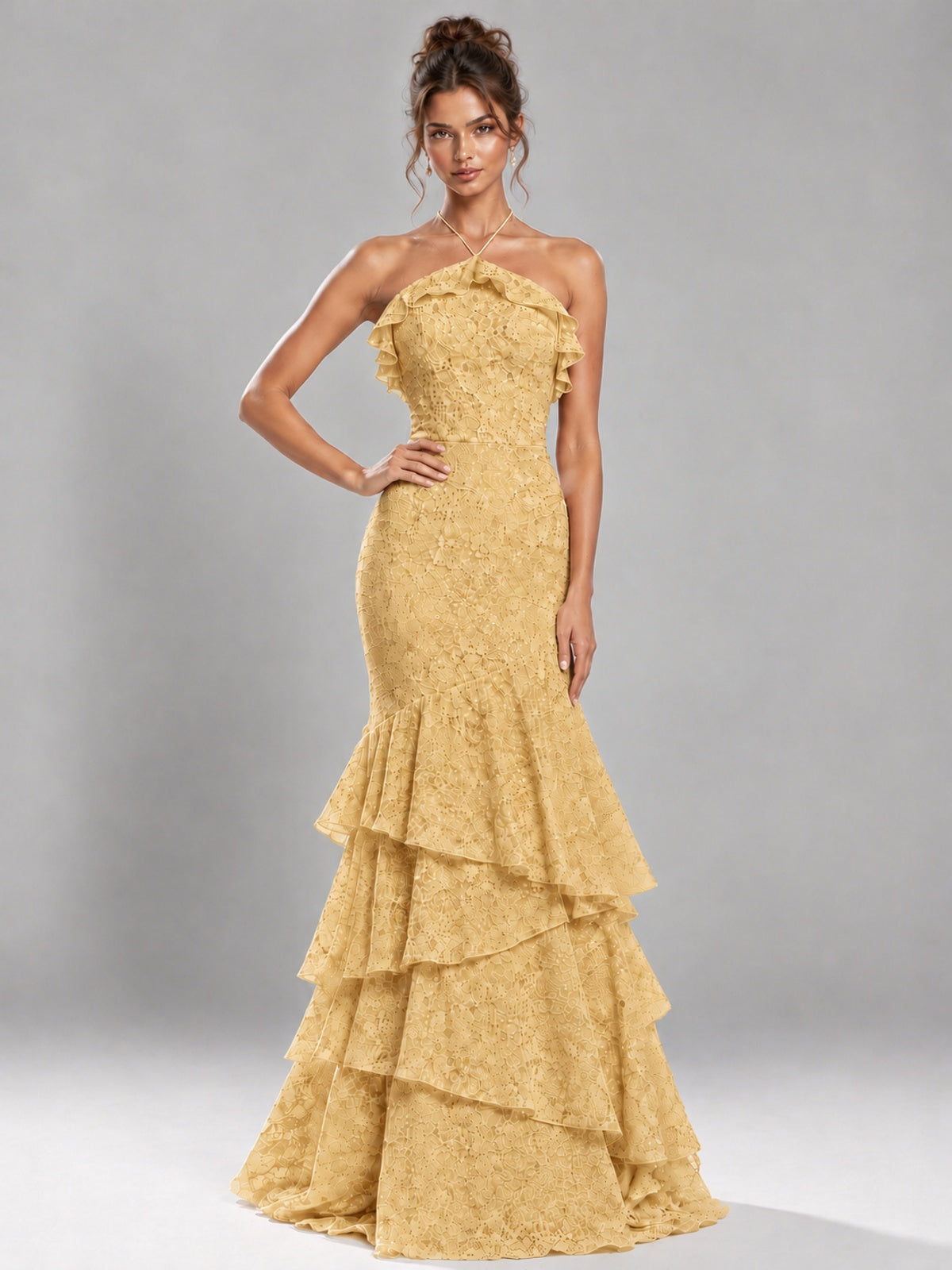 Halter Tiered Mermaid Prom Dress with Sparkly Lace