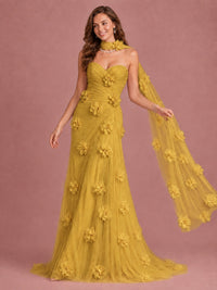 Blush Pink Strapless Sweetheart 3D Floral Tulle Mermaid Prom Dress