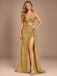 Burgundy Sequin Corset Prom Dress with High Slit