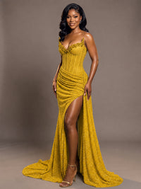 Luxury Strapless Sequin Corset Mermaid Prom Dress with High Slit & Train