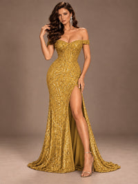 Off the Shoulder Corset Sequin Mermaid Prom Dress with Slit