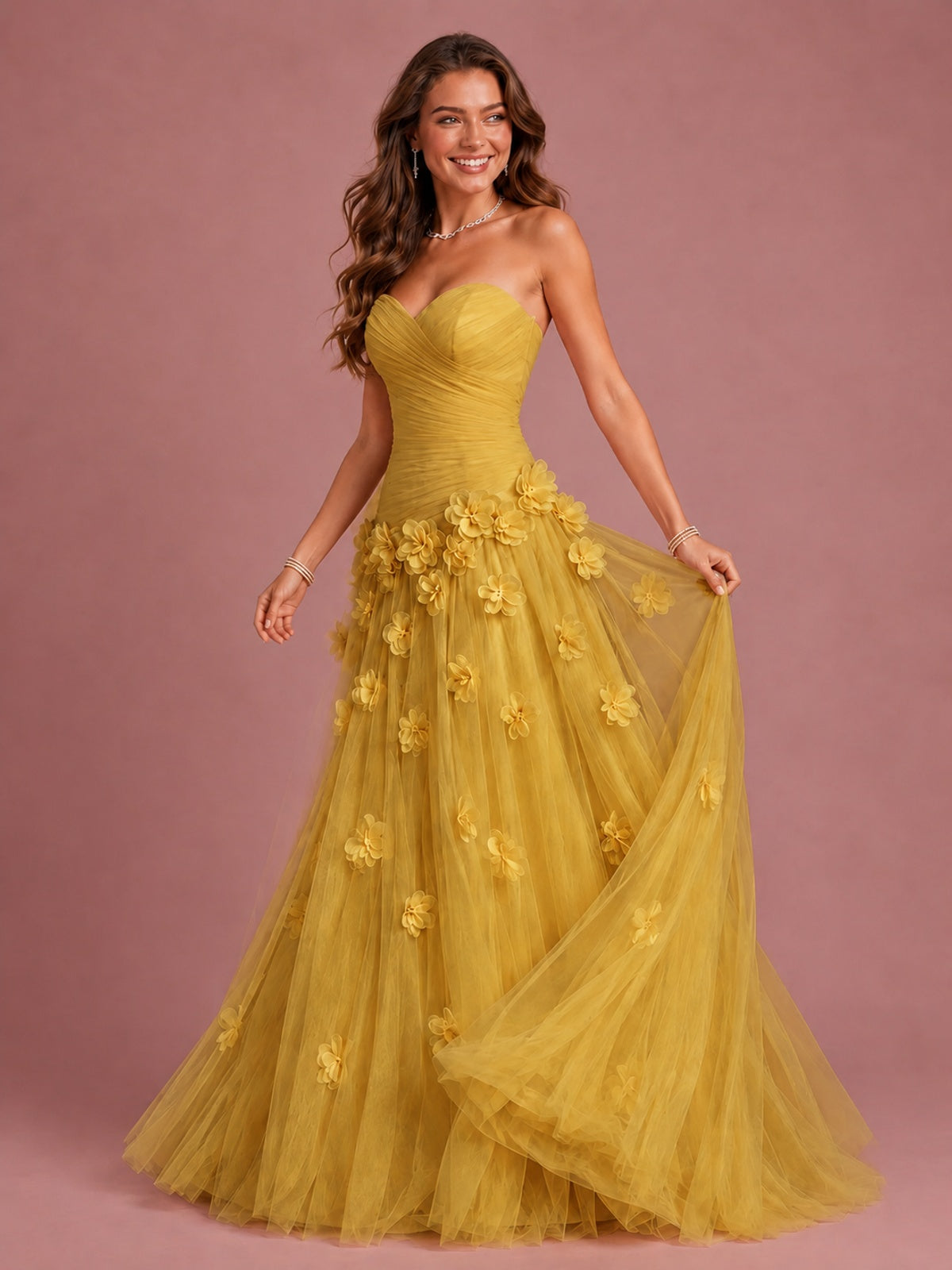 Blush Pink Strapless Sweetheart 3D Floral Tulle Ball Gown Prom Dres