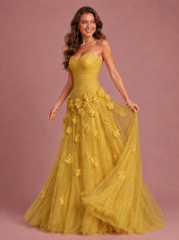 Blush Pink Strapless Sweetheart 3D Floral Tulle Ball Gown Prom Dres