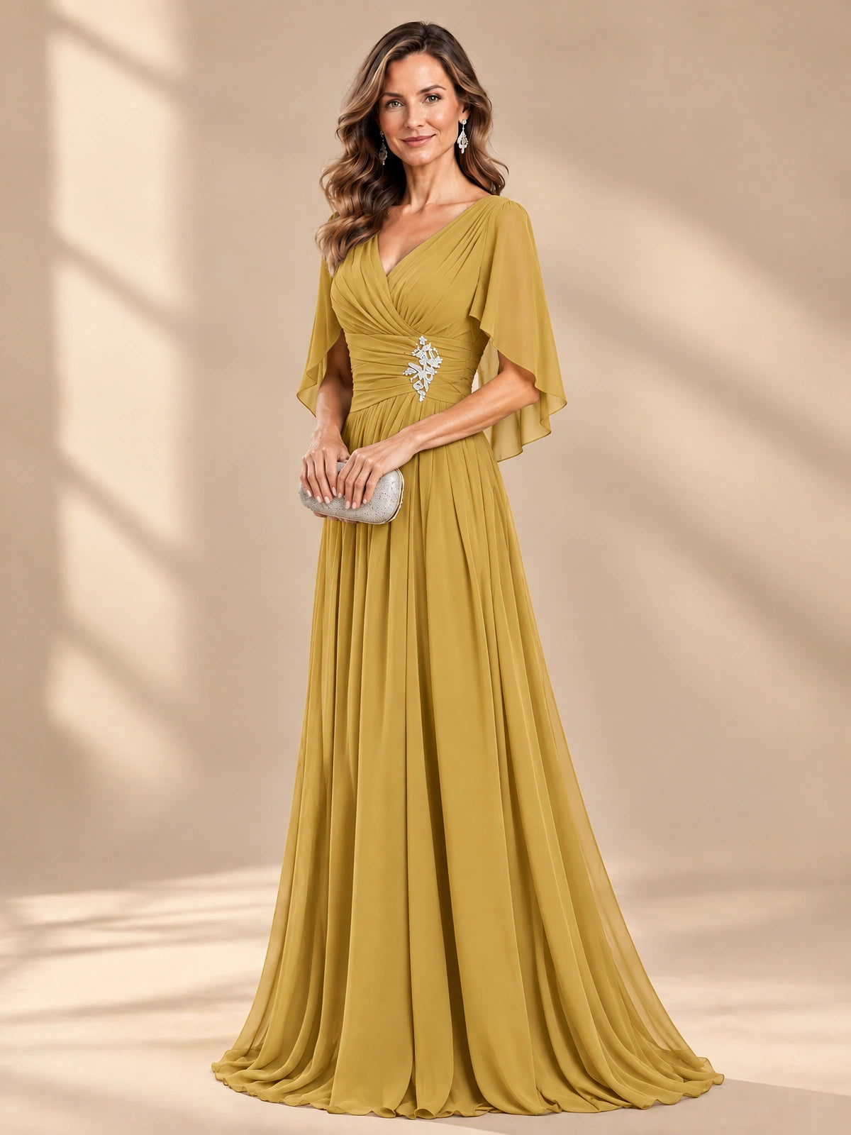 Ruched V Neck Mother of The Bride Dresses with Shawls Appliques and Cap Sleeves