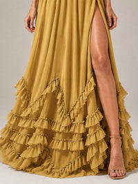 Halter V Neck Chiffon Formal Dress with Lace-Up Back and Ruffle Hem