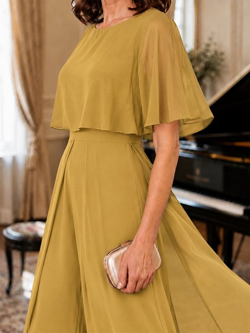 Chiffon Mother of the Bride Jumpsuit with Layered Cape Sleeves