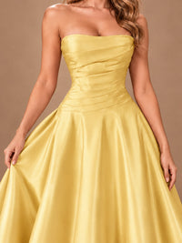 Blush Pink Strapless Satin A-Line Prom Dress with Ruched Bodice