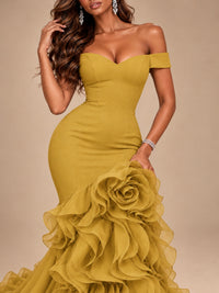 Dusty Blue Off-the-Shoulder Mermaid Prom Dress with 3D Rose & Ruffles