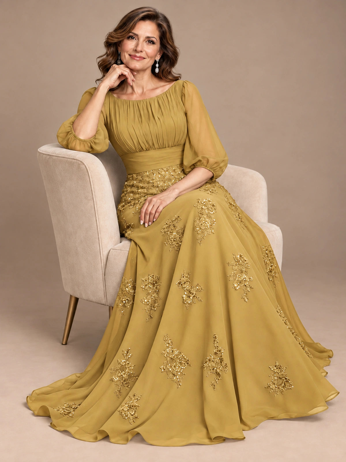 A-Line Mother of the Bride Dress with Sheer Puff Sleeves