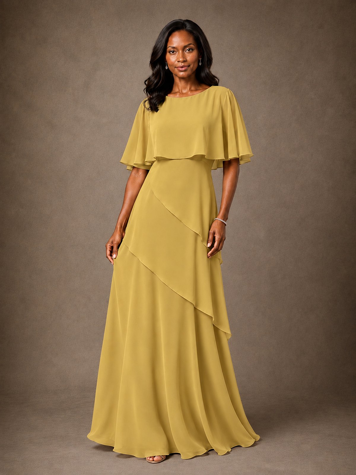 Taupe Chiffon A-Line Mother of the Bride Dress with Cape Sleeves