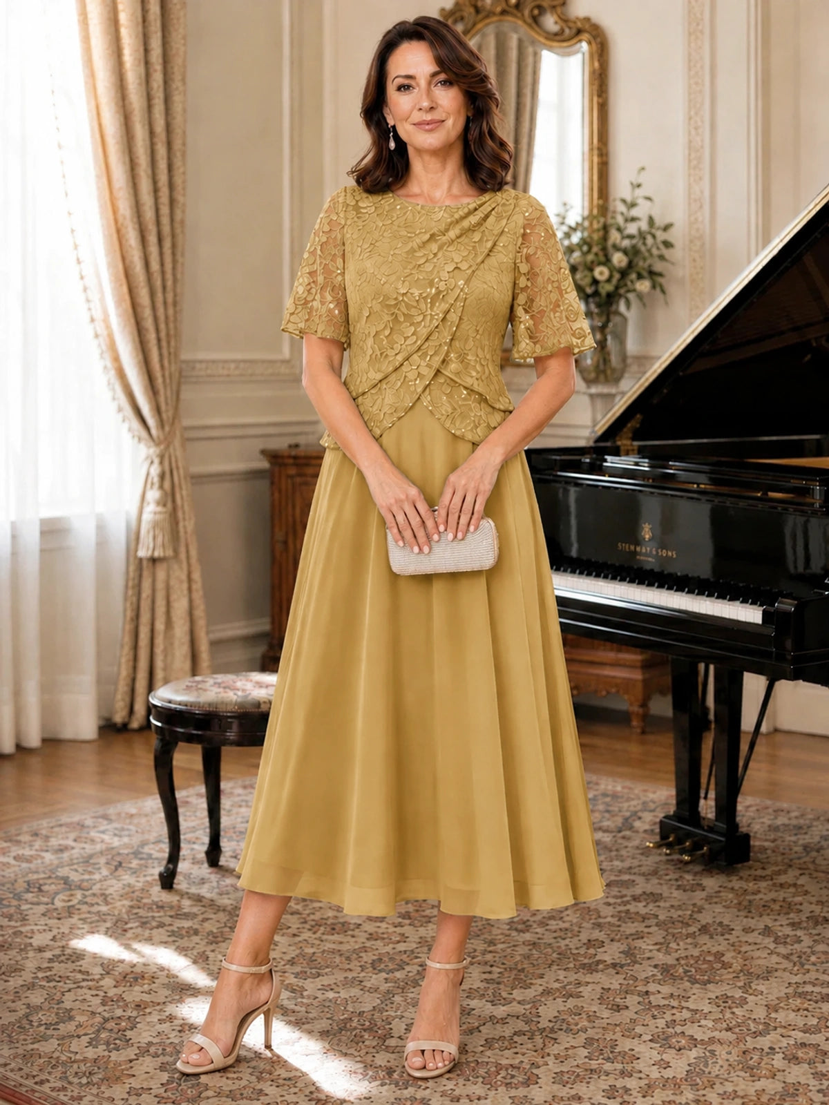 Tea-Length Chiffon Mother of the Bride Dress with Sequin Lace Sleeves