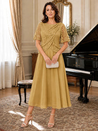 Tea-Length Chiffon Mother of the Bride Dress with Sequin Lace Sleeves