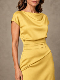 Cowl Neck Satin Mother of the Bride Dress with Ruched Waist