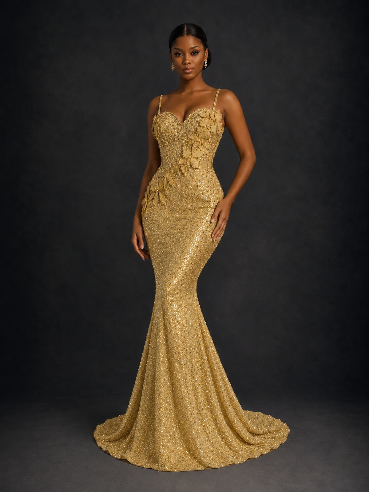 Sequin Mermaid Prom Dress with Floral Applique