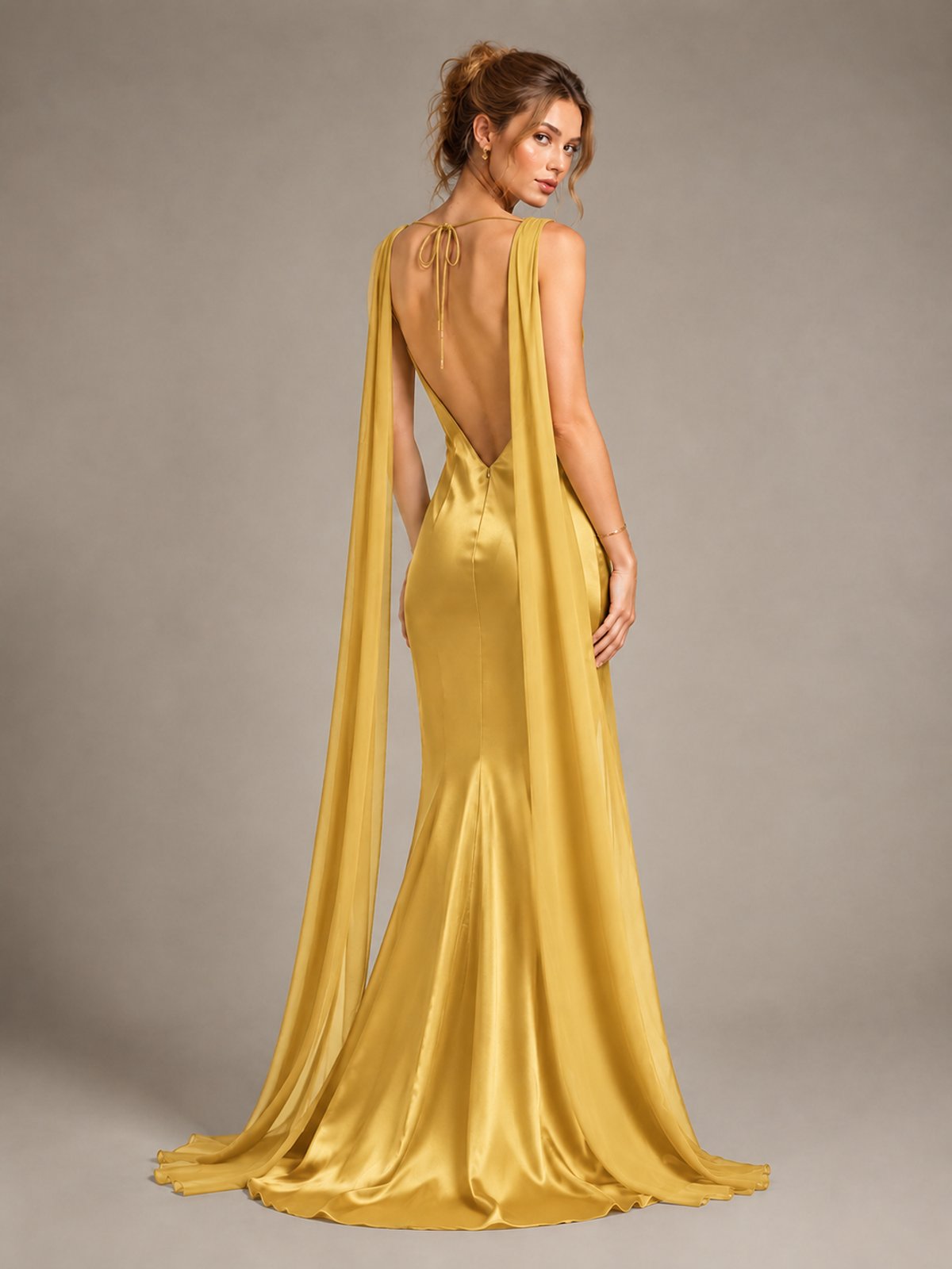 Burgundy Satin Mermaid Cape Maxi Dress