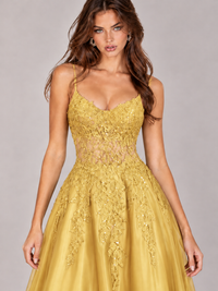 Lace Applique Satin A-Line Prom Dress with Sheer Bodice