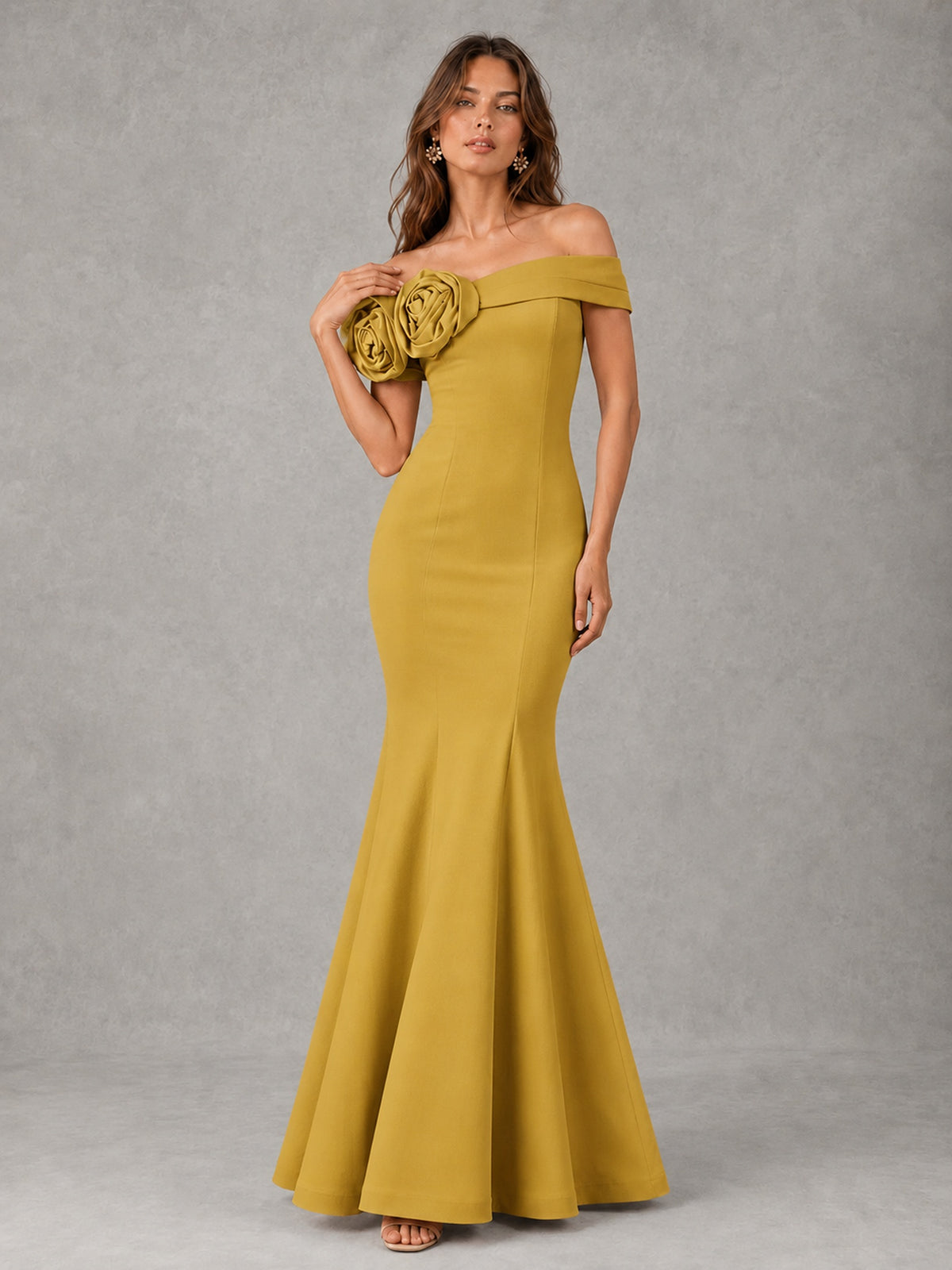 Blush Pink Off Shoulder Mermaid Bridesmaid Dress with Floral Rosette