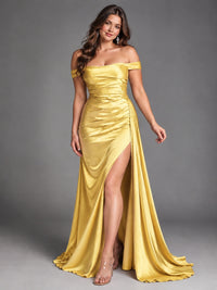 Off Shoulder Satin Maxi Dress with Slit