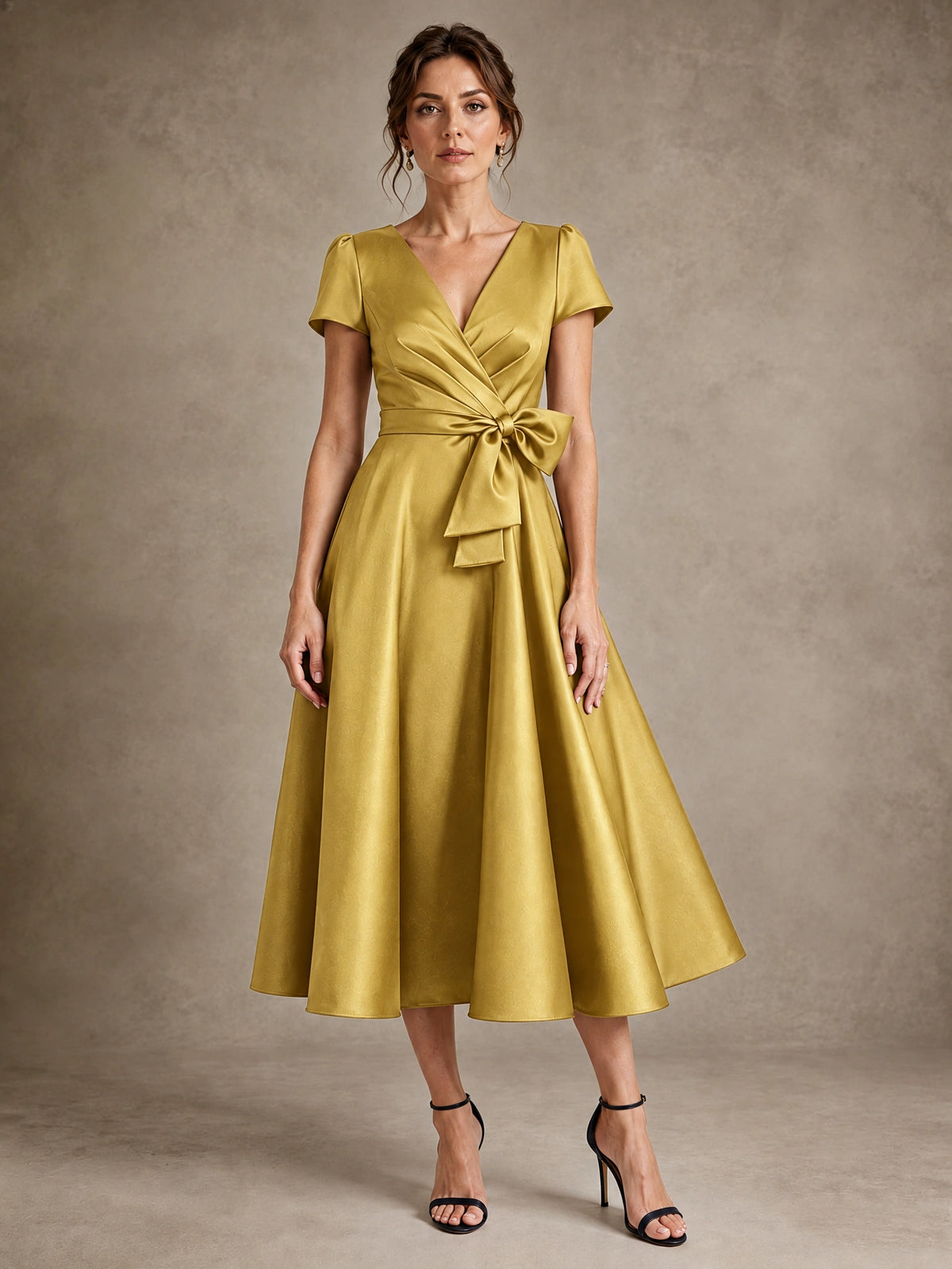 Gold V-Neck Tea-Length Satin Mother of the Bride Dress with Bow Jovellee