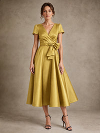 Gold V-Neck Tea-Length Satin Mother of the Bride Dress with Bow Jovellee