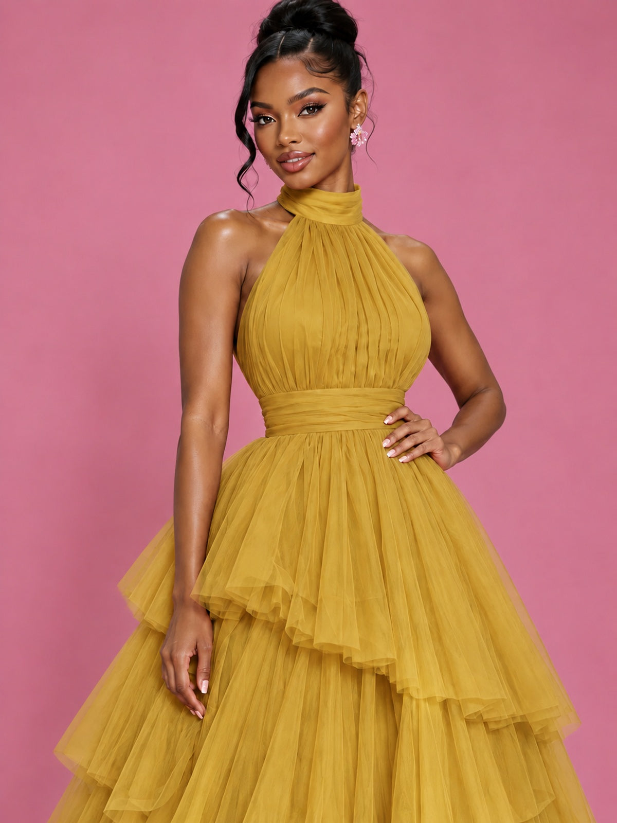 Hot Pink Tulle Halter Neck Tiered Ruffle Maxi Dress