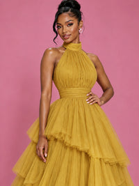 Hot Pink Tulle Halter Neck Tiered Ruffle Maxi Dress