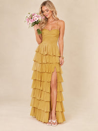 Ruffled Tiered Chiffon Prom Dress Spaghetti Straps Formal Maxi Dress with Slit
