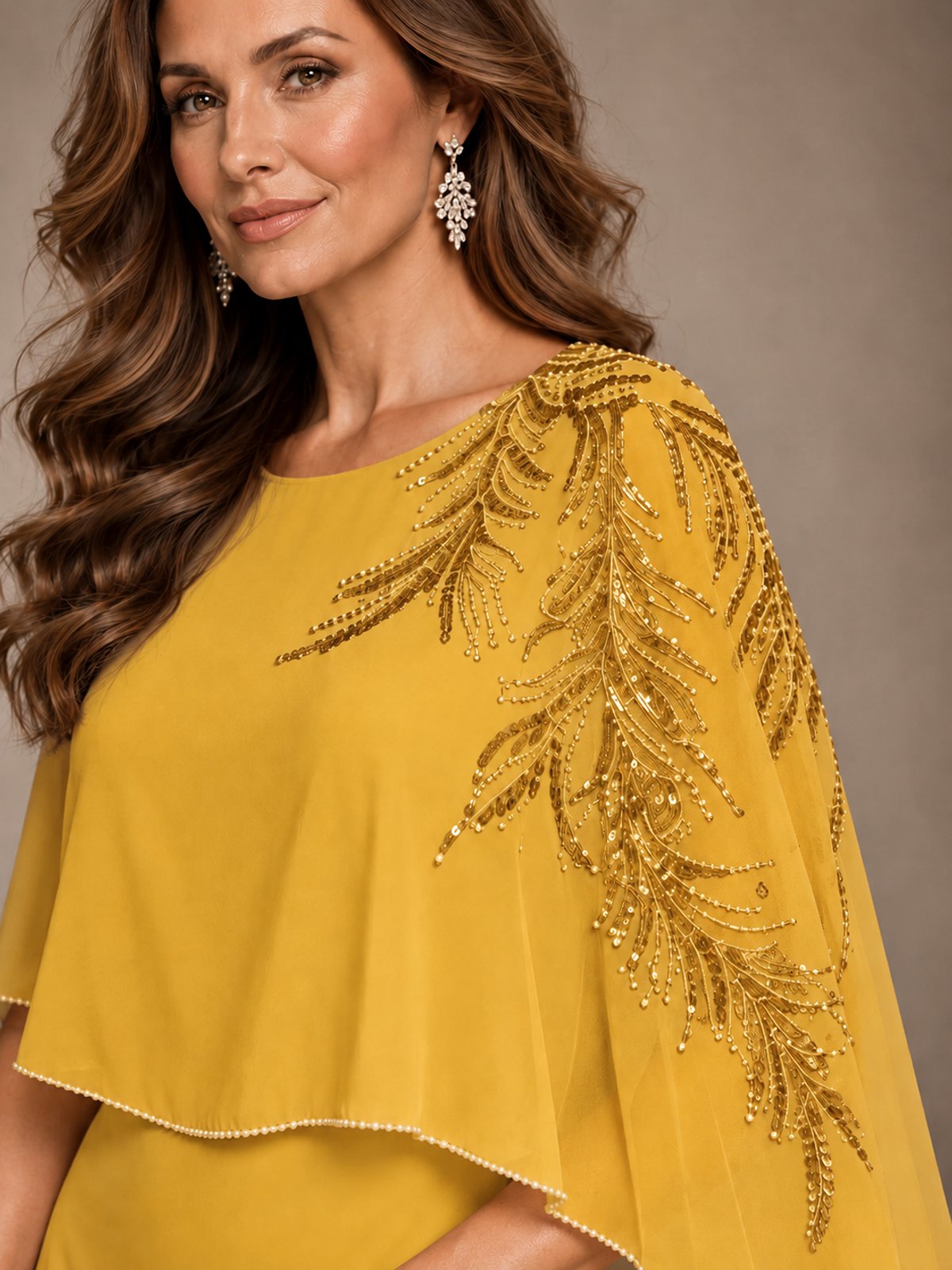 Elegant Chiffon Cape Sleeve Beaded Mother of the Bride Dress