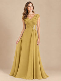 V Neck Pleated Mother of The Bride Dresses with Beading Cap Sleeves