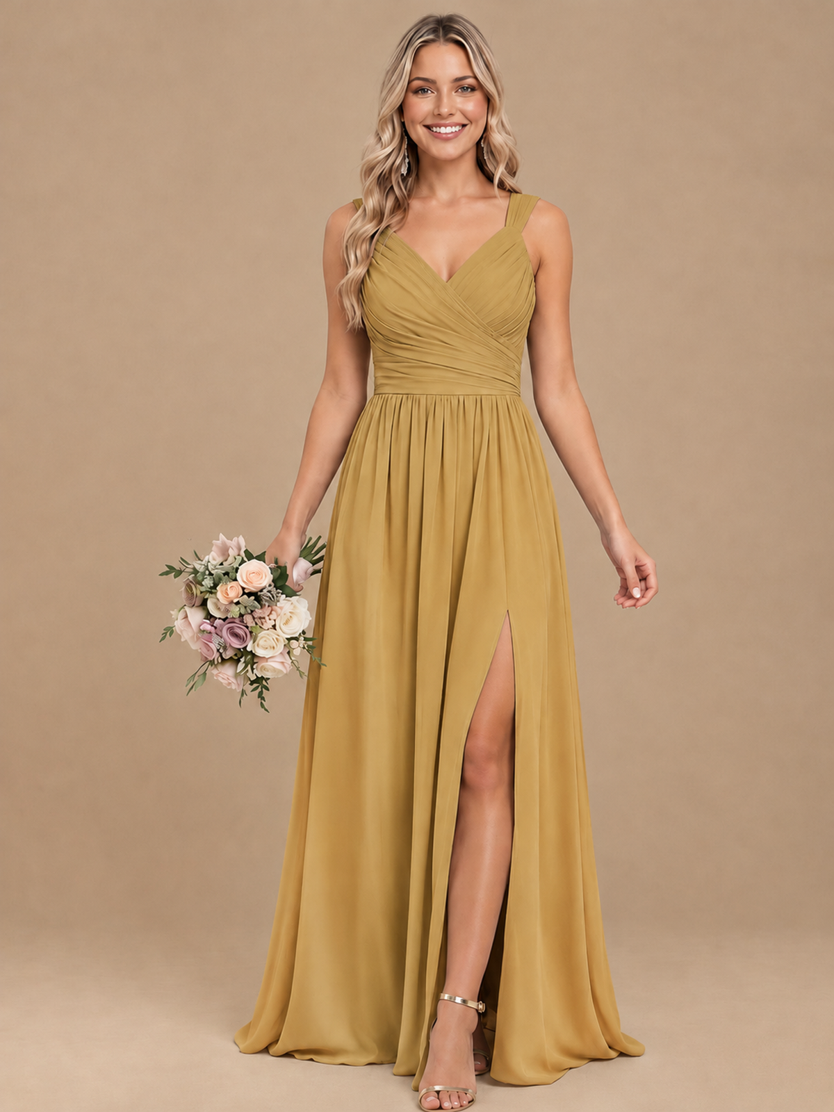 Pleated Chiffon V Neck Wedding Bridesmaid Dresses Floor Length with Slit