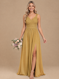 Pleated Chiffon V Neck Wedding Bridesmaid Dresses Floor Length with Slit