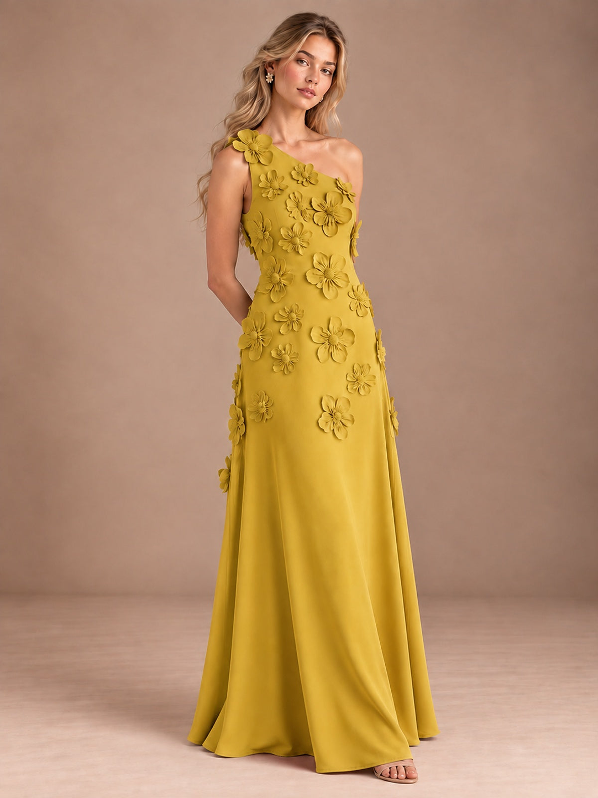 Sage Green One Shoulder Satin Formal Maxi Dress with 3D Floral