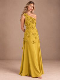 Sage Green One Shoulder Satin Formal Maxi Dress with 3D Floral