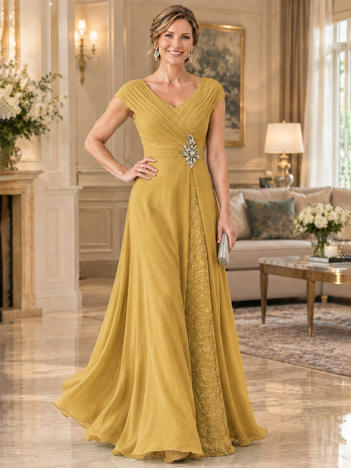 Pleated Chiffon Lace Mother of The Bride Dresses with Beading Cap Sleeves