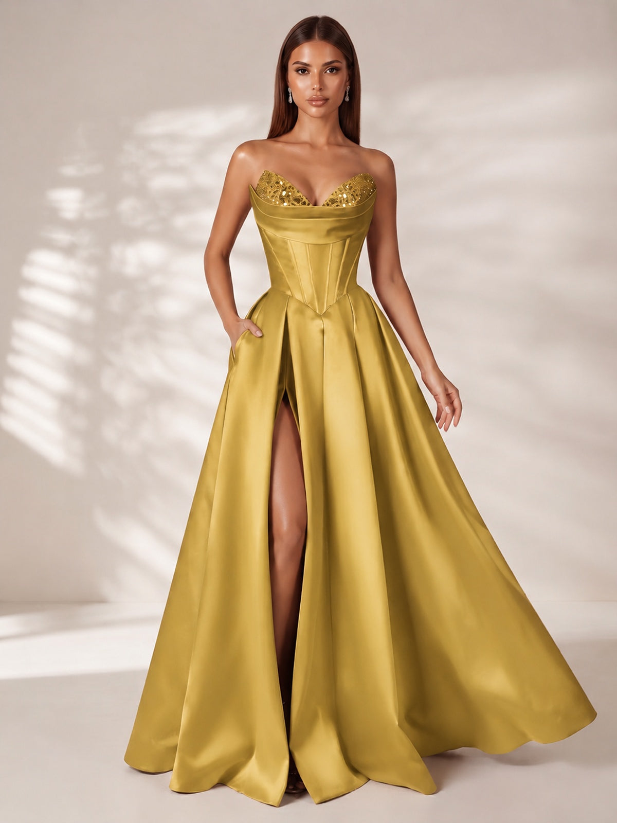 Strapless Corset Satin Prom Dress Long Evening Gown with High Slit