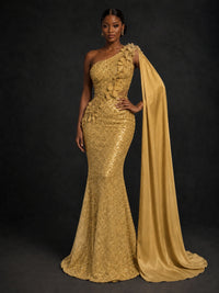 Gold Sequin One Shoulder Mermaid Prom Dress with Cape