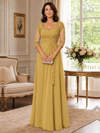 Chiffon Lace Applique Mother of the Bride Dress with 3/4 Sleeves