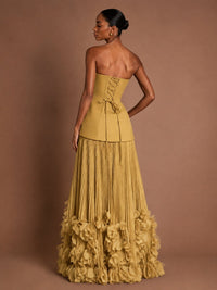 Strapless Pleated Floral Satin Formal Dress with Side Slit