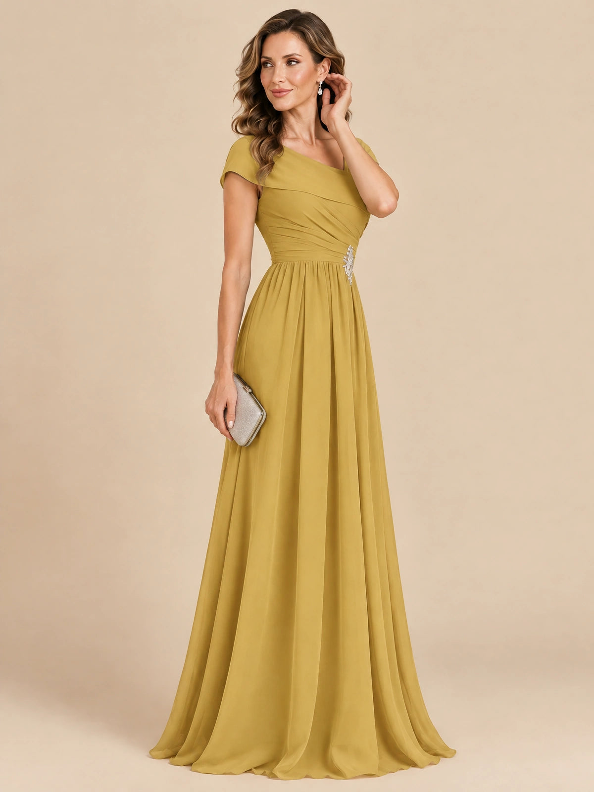 Cap Sleeve Mother of The Bride Dresses Long Chiffon Formal Gowns