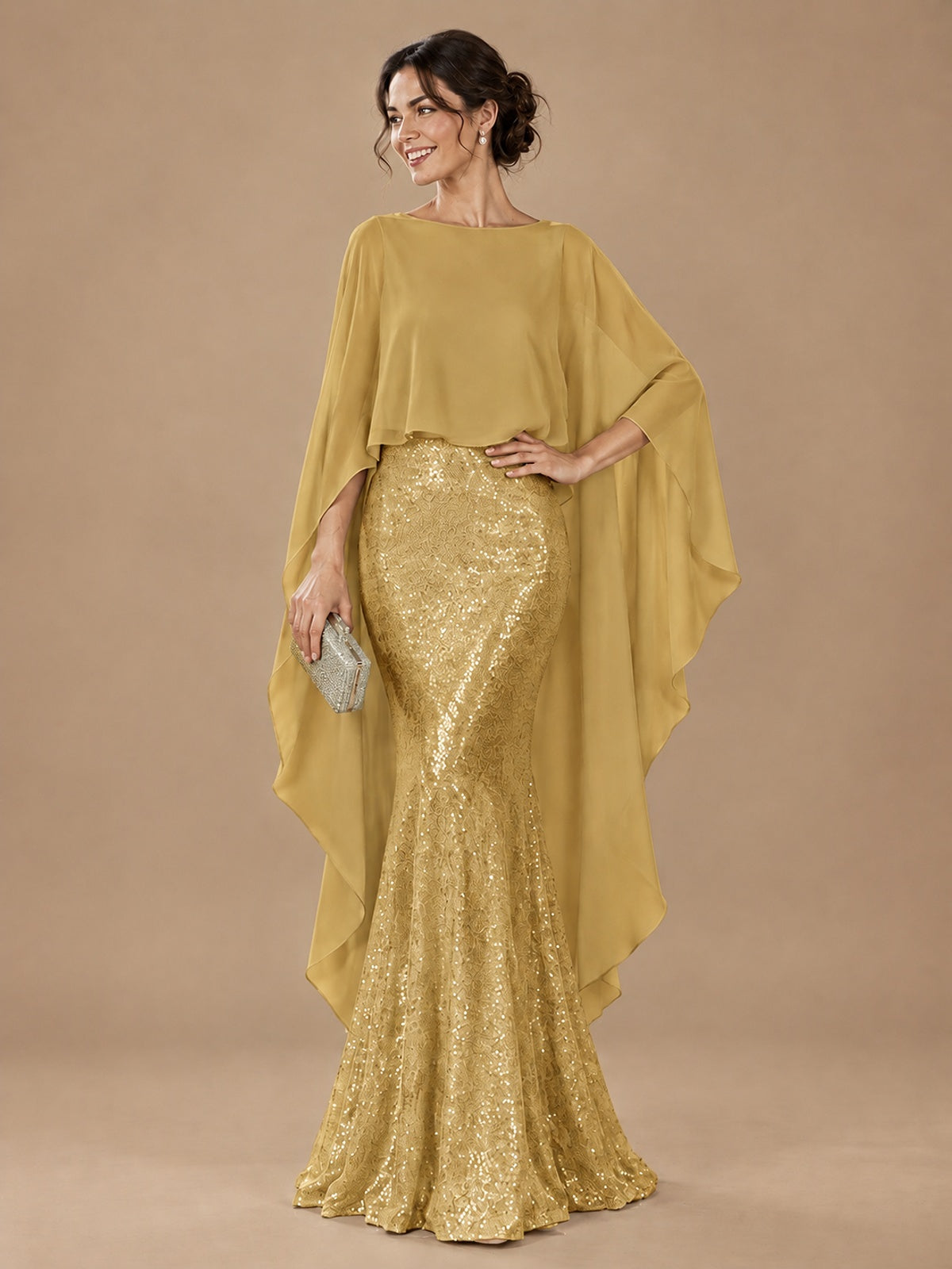 Sequin 2 Pieces Mother of the Bride Dress with Cap Sleeves Chiffon Formal Gowns
