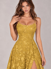 Floral Lace A-Line Prom Dress with Spaghetti Straps & High Slit