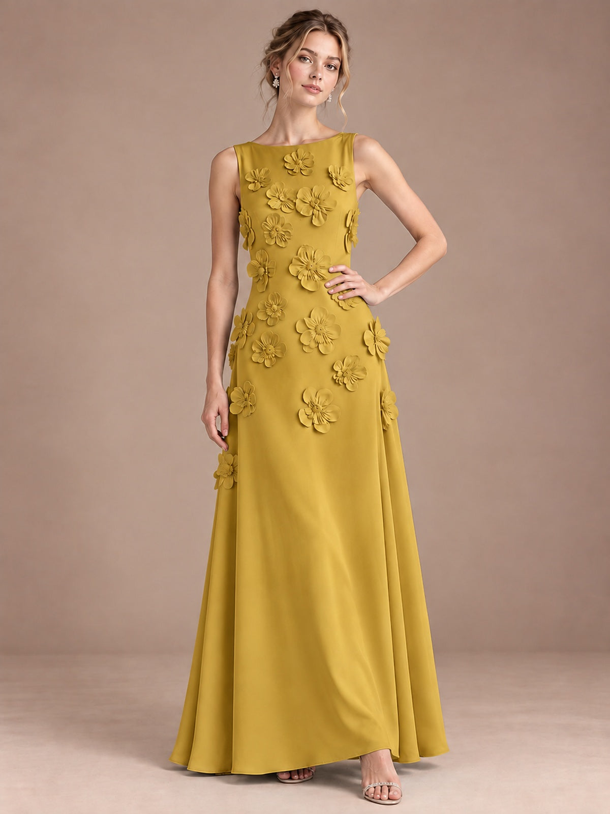 3D Floral Applique Sleeveless Formal Maxi Dress