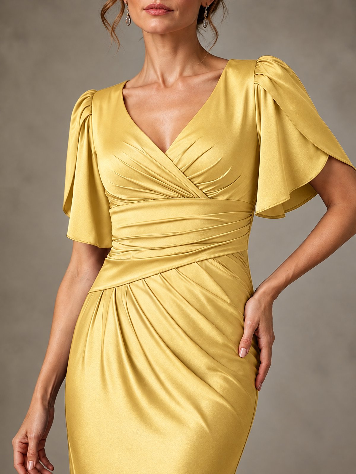 V-Neck Satin Mother of the Bride Dress with Flutter Sleeves
