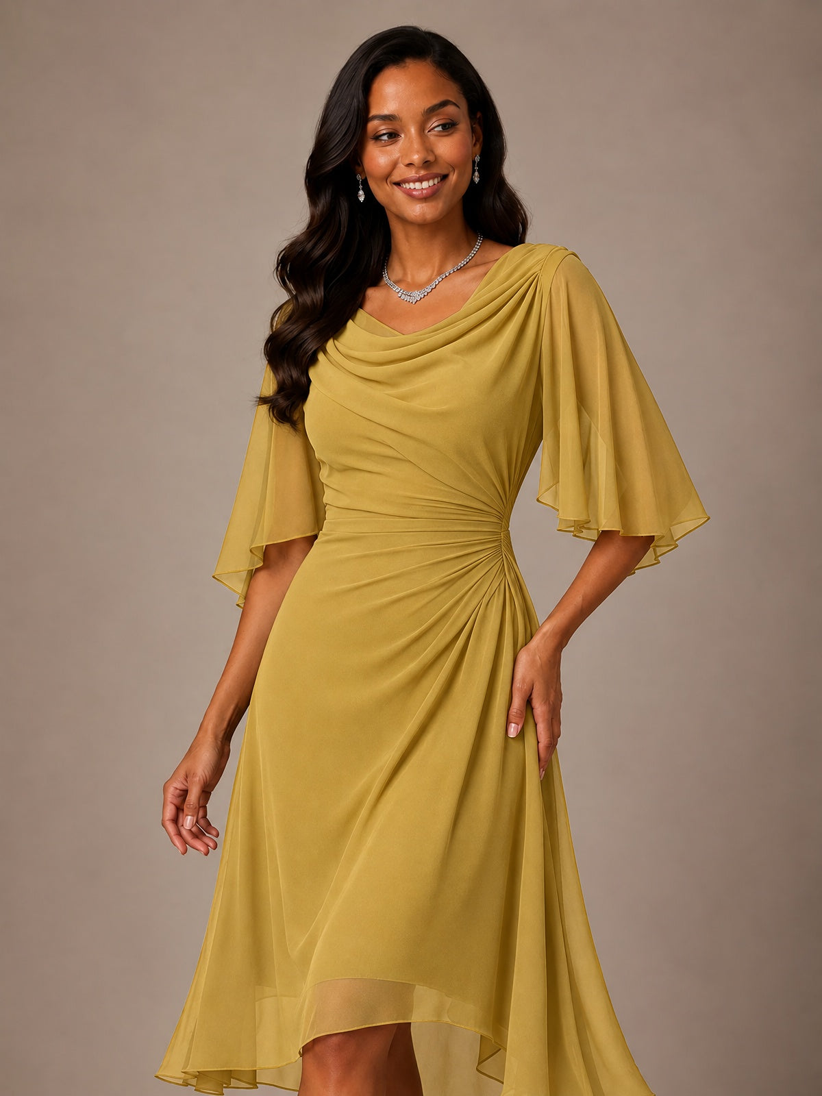Cowl Neck Ruched Chiffon Mother of the Bride Dresses with Flutter Sleeves