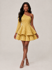 Puffy One Shoulder Sequin Tiered Mini Dress