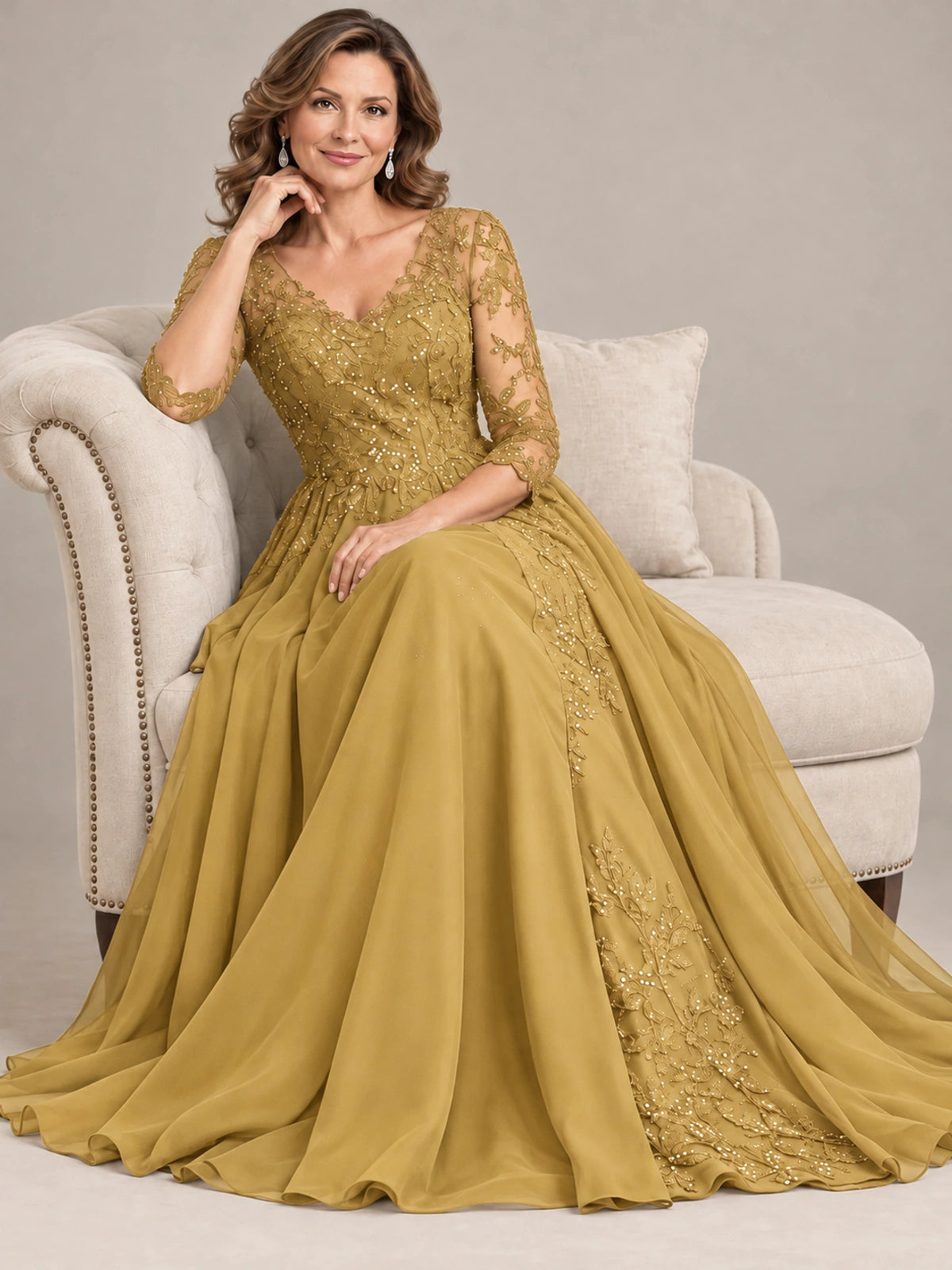 Sequin Lace A-Line Mother of the Bride Dress with 3/4 Sleeves
